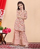 FlyFinns Three Fourth Sleeves Seamless Jaipuri Flower Printed & Mirror Work Embellished Kurta With Coordinating Gota Lace Detailed Sharara - Peach