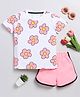 Little Marine Half Sleeves Flower Printed Tee With Solid Curved Hem Shorts - :Pink