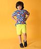 Anthrilo Half Sleeves Seamless Smileys & Animal Doodle Art Printed Tee With Solid Shorts - Blue & Lime Green