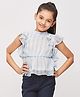 Tiny Girl Short Flutter Sleeves Bengal Striped Floral Appliqued Peplum  Top - Blue