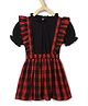 Chuppan Chupai Half Puffed Sleeves Buffalo Checked Dungaree Skirt & Solid Top Set - Red