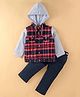 ToffyHouse 100% Cotton Full Sleeves Checkered Hooded T-Shirt & Trousers Set - Blue & Red