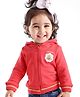 Babyoye Brushed Fleece 100% Cotton Knit Full Sleeves Hooded Sweatjacket with Text Embroidery & Patch - Red