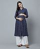 Zelena Three Fourth Sleeves Motif Printed Maternity Kurta - Blue
