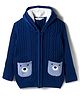 Bonfino Knit Full Sleeves Front Open Hooded Sweater with Cabel Knit & Bear Design - Navy Blue