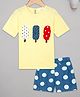 Budding Bees Half Sleeves Ice Cream Patch Detail & Polka Dots Printed Tee With Denim Shorts Set - Yellow & Blue