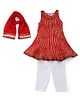 Ribbon N Frill Sleeveless Kurti And Salwar With Dupatta Printed - Red White