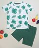 Be Awara Half Sleeves All Over Forest Leaves Printed Tee With Solid Shorts - Green