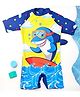 Yellow Bee Raglan Half Sleeves Shark Printed Legged Swimsuit - Yellow & Blue