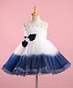 Bluebell Net Sleeveless Party Frock With Floral Corsage Tie Dye & Glitter Print- White & Blue