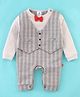 Mini Taurus Cotton Full Sleeves Striped Party Rompers with Waistcoat and Bow Applique - Grey