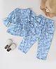 Qvink Three Fourth Puffed Sleeves Floral Printed Peplum Top With Coordinating Pants - Blue