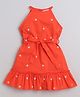 Taffykids Sleeveless Floral Embroidered Halter Neck Dress With Tie Up Belt - Orange