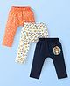 Babyhug Cotton Knit Full Length Diaper Pants Paws Print Pack of 3  - Orange Off White & Navy