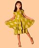 misbis Half Sleeves Floral Foil Printed Flared Dress - Olive Green