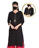 Zelena Three Fourth Sleeves Floral Motif Embroidered Maternity Kurti & Face Mask With Concealed Zipper Nursing Access - Black