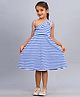 Zion One Shoulder Sleeveless Candy Striped Ruffled Neck Summer Dress - Blue