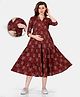 Mamma's Maternity Three Fourth Sleeves Abstract Block & Floral Motif Printed Rayon Maternity Dress - Maroon
