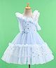 Bluebell Net Sleeveless Party Frock with Foil Print & Bow Applique - Blue