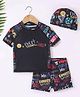 Kookie Kids Half Sleeves Two Piece Swimsuit with Swimming Cap Text Printed - Black