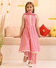 Pspeaches Sleeveless All Over Jaipuri Flower Motif Printed Flared Kurta With Coordinating Lace Embellished Salwar & Dupatta - Pink
