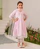 Pspeaches Three Fourth Sleeves Seamless Flower Motif printed Anarkali Style Kurta With Coordinating Lace Embellished Salwar & Dupatta - Pink