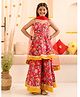 Pspeaches Sleeveless Floral Swirl Printed & Gota Lace Embellished Flared Kurta With Coordinating Gota Lace Embellished Palazzo & Dupatta - Red & Yellow