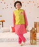 Pspeaches Full Sleeves All Over Flower Motif Foil Printed Kurta With Lace Embellished Leaf Motif Patch Detailed Jacket & Pyjama - Green & Pink