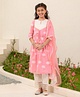 Pspeaches Three Fourth Sleeves All Over Flower Motif Printed & Gota Lace Embellished Flare Kurta With Chevron Designed Salwar & Dupatta - Peach