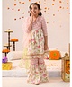 Pspeaches Three Fourth Sleeves Flower Motif & Rose Swirl Printed Flared Kurta With Coordinating Gota Lace Embellished Sharara & Dupatta - Off White