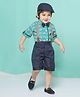 AJ Dezines Half Sleeves Elephant Printed Shirt With Striped Suspender 5 Piece Party Set - Blue