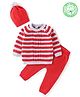 Babyhug Full Sleeves Sweater Set with Cap Striped Design - Rust Red & Grey