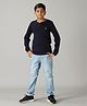 Kiddopanti Full Sleeves Ribbed Neck Solid Tee With Solid 5 Pocket Denim Pant - Blue