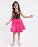 Mark & Mia Cotton Sleeveless Party Frock With Bow Applique & Floral Print- Pink & Blue
