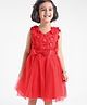 Mark & Mia Cotton Sleeveless Party Frock With Bow Applique & Floral Embroidery- Red
