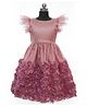 HEYKIDOO Short Flutter Sleeves Rosette Appliqued Satin Party Dress - Pink