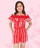 Cutecumber Half Sleeves Frill Neck Line Detailed Balanced Striped & Polka Dot Printed Cold Shoulder Jumpsuit - Red