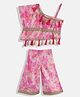 READIPRINT Sleeveless Watercolour Effect Floral Tassel Detailed One Shoulder Top With Coordinating Palazzo - Pink