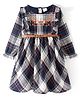 Babyhug Woven Full Sleeves Yarn Dyed Checkered Frock with Floral Embroidery & Belt - Navy Blue