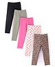 Primo Gino Cotton Blend Knit Full Length Hearts & Cheetah Printed Leggings Pack Of 5 - Multicolour