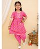 Superminis Three Fourth Sleeves Jaipuri Floral Motif Printed Kurta With Coordinating Gota Lace Embellished Overlapped Dhoti - Pink