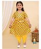 Superminis Three Fourth Sleeves Jaipuri Floral Motif Printed Kurta With Coordinating Gota Lace Embellished Overlapped Dhoti - Yellow