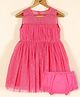 KIDSDEW Sleeveless All Over Glitter Printed Fit & Flare Detachable Bow Embellished Fit & Flare Dress With Bloomer - Pink