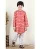 Kinder Kids Full Sleeves Cotton Patola Printed Asymmetrical  Kurta & Pyjama- Red