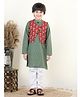 Kinder Kids Full Sleeves Cotton Katha Kurta with Floral Printed Jacket & Pyjama - Green & Red