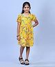 Zion Puffed Half Sleeves All Over Garden Flowers Printed & Frill Bodice Detailed Fit & Flare Dress - Yellow