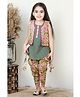 Kinder Kids Sleeveless Cotton Solid Colour Lace Detailing Kurti with Floral Print Jacket & Dhoti - Green