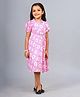 Zion Puffed Half Sleeves All Over Flowers Printed & Frill Bodice Detailed Fit & Flare Dress - Pink