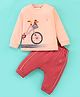 First Smile Interlock Knit Full Sleeves T-Shirt & Lounge Pant Set Bicycle Print - Peach & Red