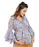 Mom for sure by Ketki Dalal Full Sleeves Flowers Printed & Frill Detailed Maternity Top With Concealed Zipper Nursing Access - Grey